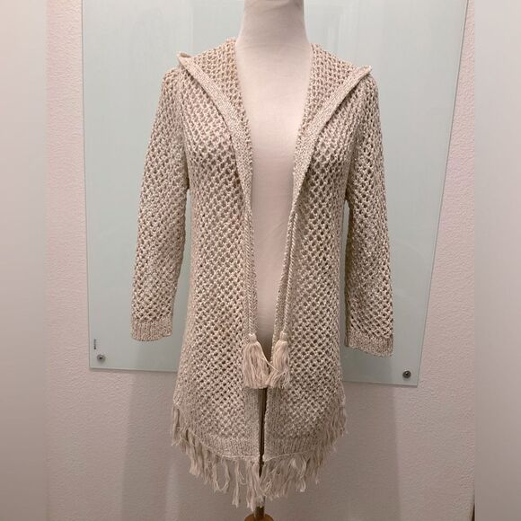 J.Jill‎ Crochet Open Knit Beachy Cardigan Cover Up Fringe Hooded Beige Sz XS - Picture 1 of 6